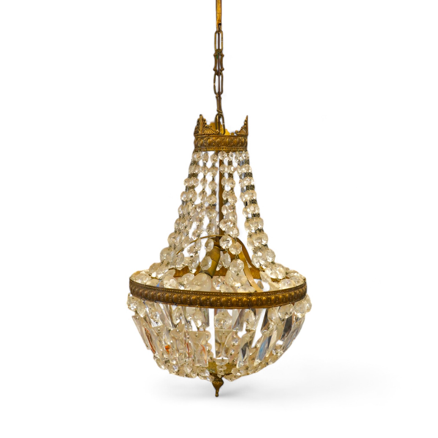 A gilt metal and lustre glass bag chandelier. Condition - fair